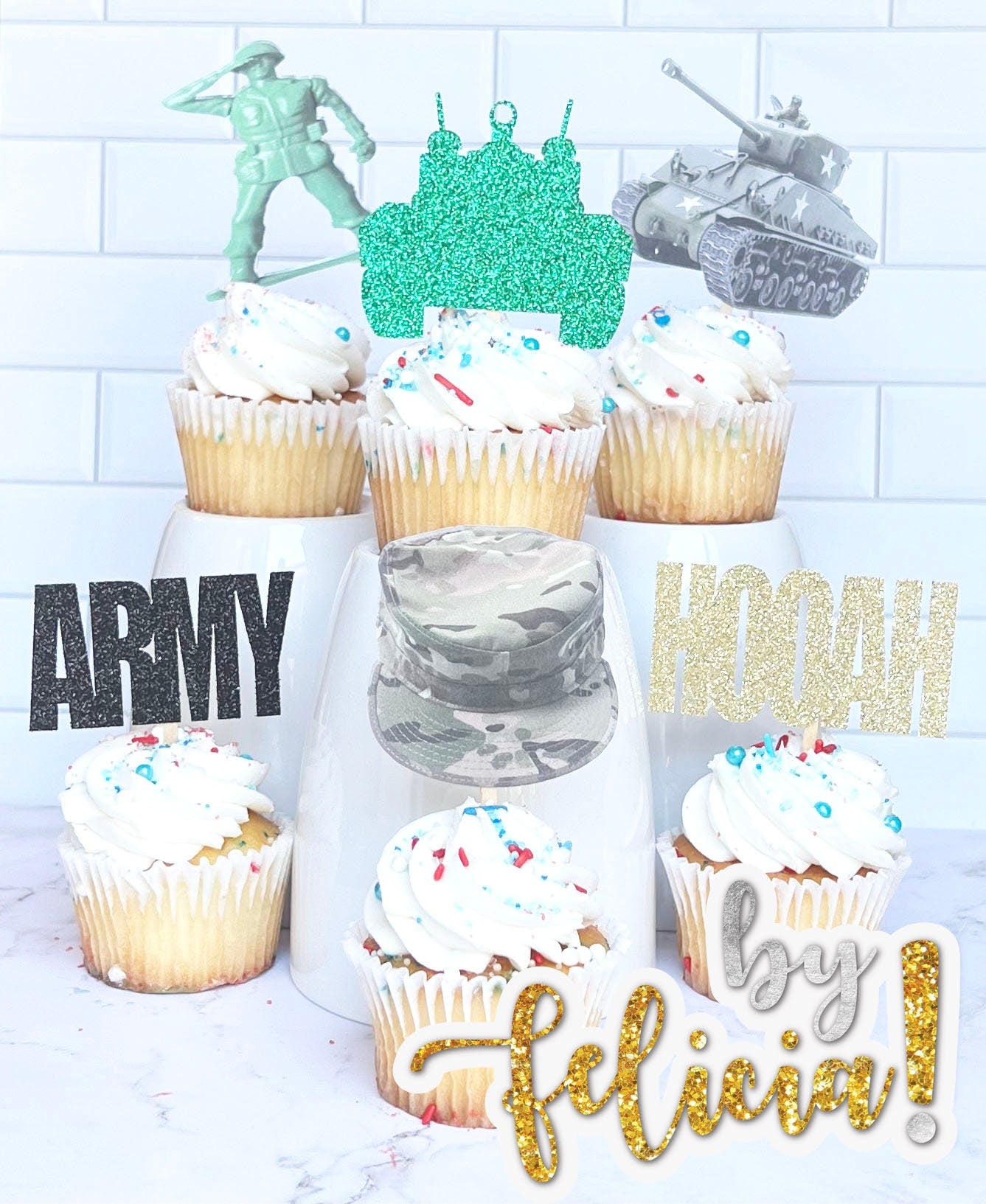 Army Cupcake Toppers: Soldier, Tank, Camo Party Decorations