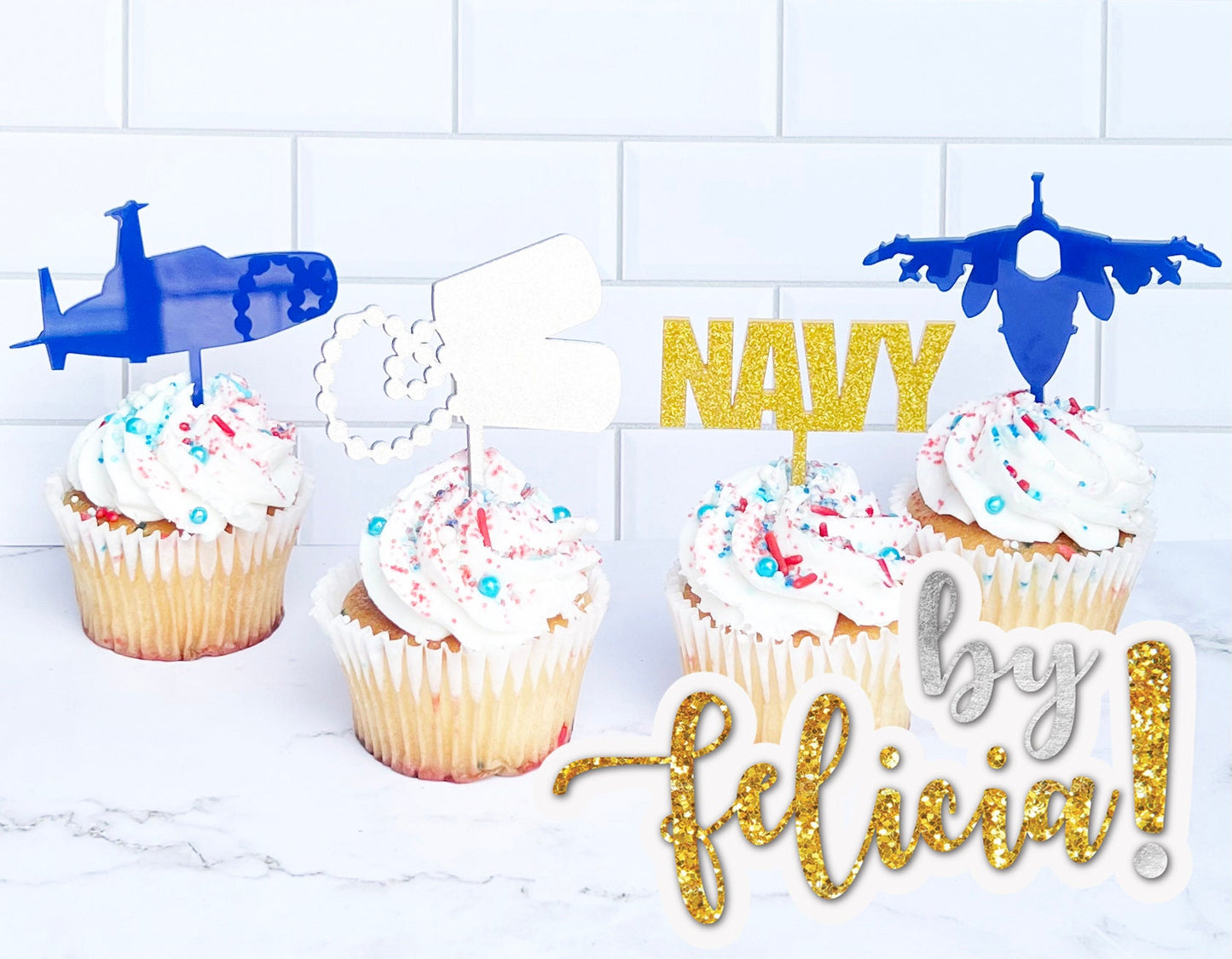 Acrylic Navy Cupcake Toppers: Fighter Jets, Dog Tags, Submarines