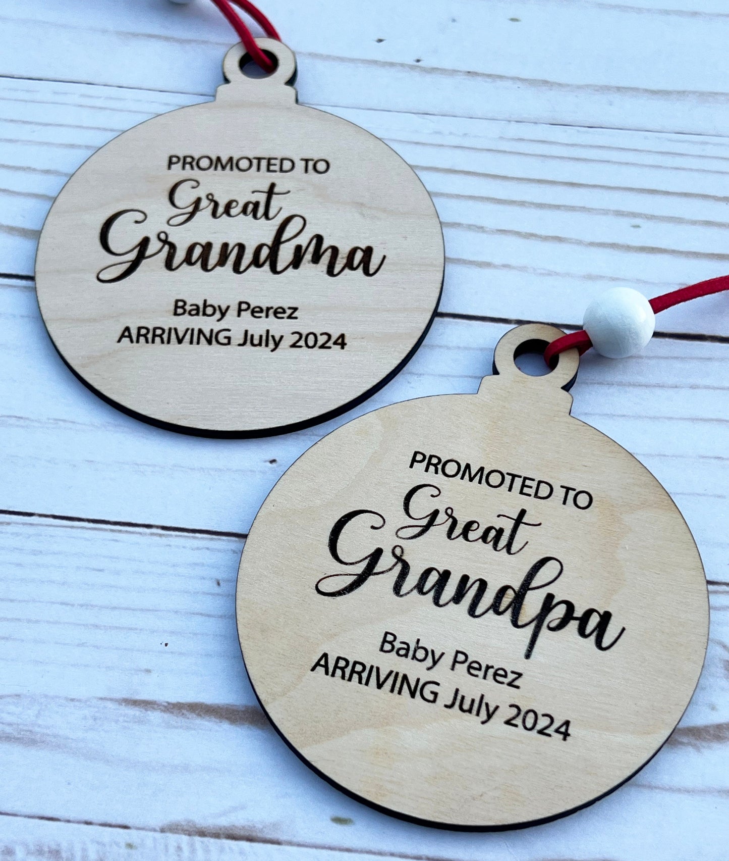 Personalized Baby Announcement Ornament: Promoted to Grandma/Grandpa