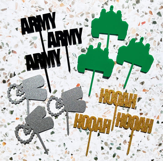 Army Cupcake Toppers: Acrylic Tank, Dog Tag, and HOOAH Party Decorations