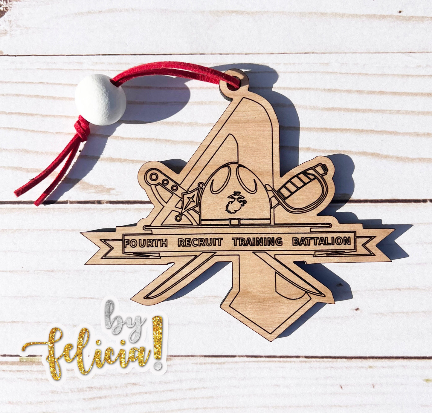 4th Battalion USMC Ornament: Laser Engraved Red Oak Wood