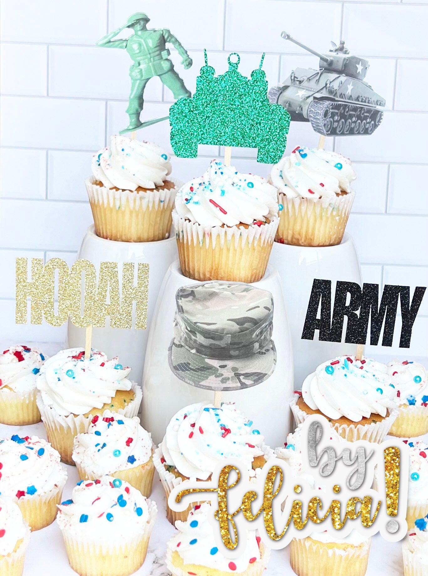 Army Cupcake Toppers: Soldier, Tank, Camo Party Decorations