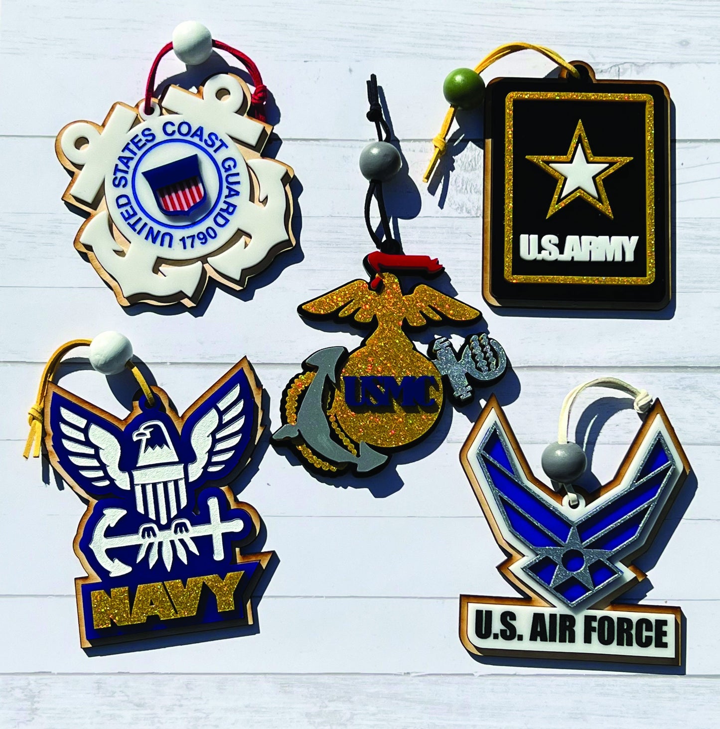 Military Christmas Ornament: Laser Cut Wood & Acrylic - USMC, Navy, Army, Air Force, Coast Guard