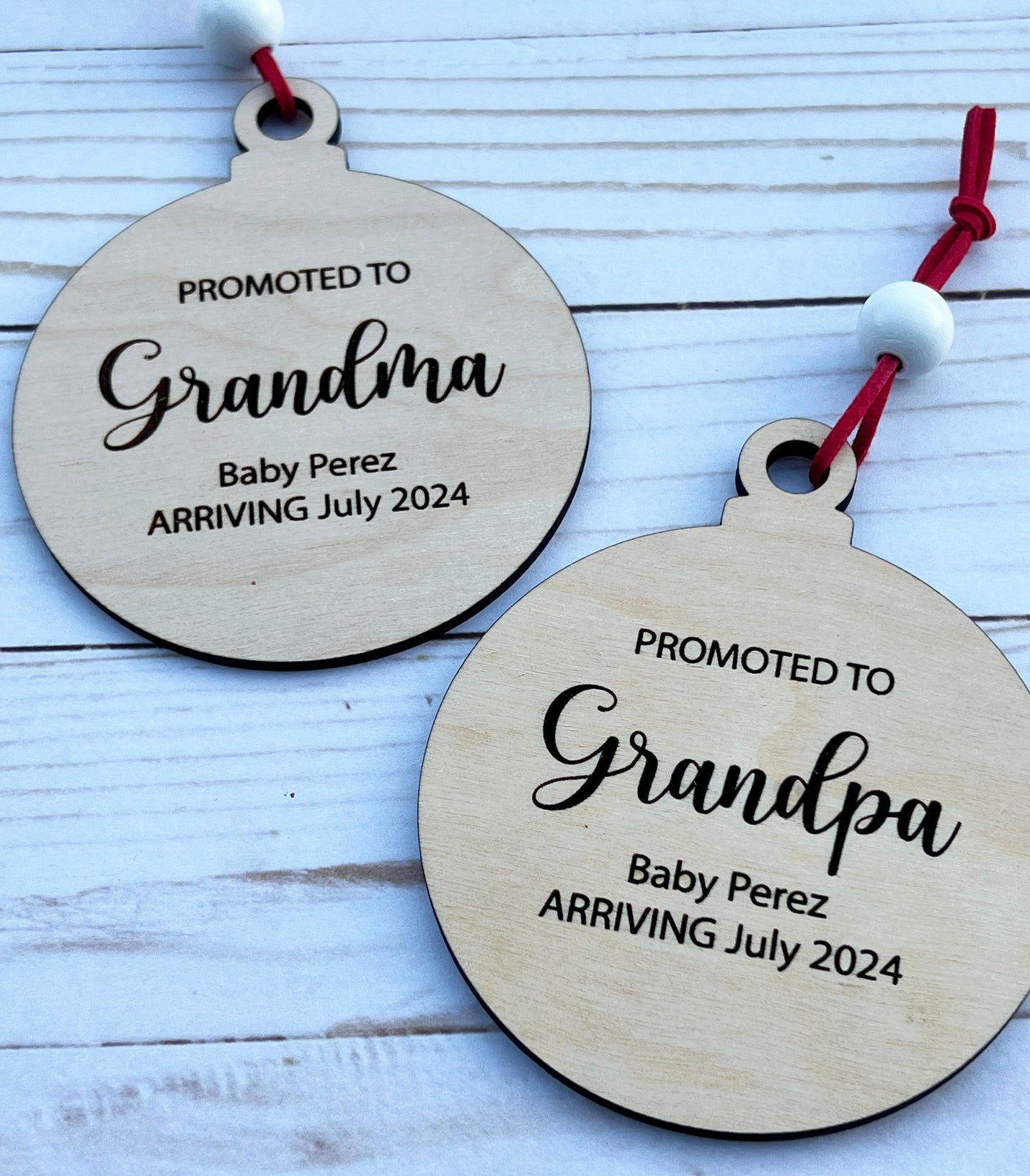Personalized Baby Announcement Ornament: Promoted to Grandma/Grandpa