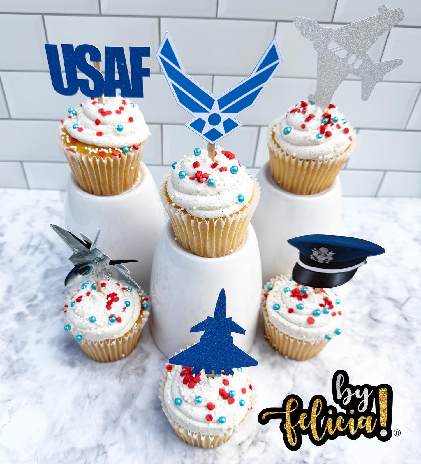 Air Force Cupcake Toppers: Glitter Planes Graduation Party Decorations