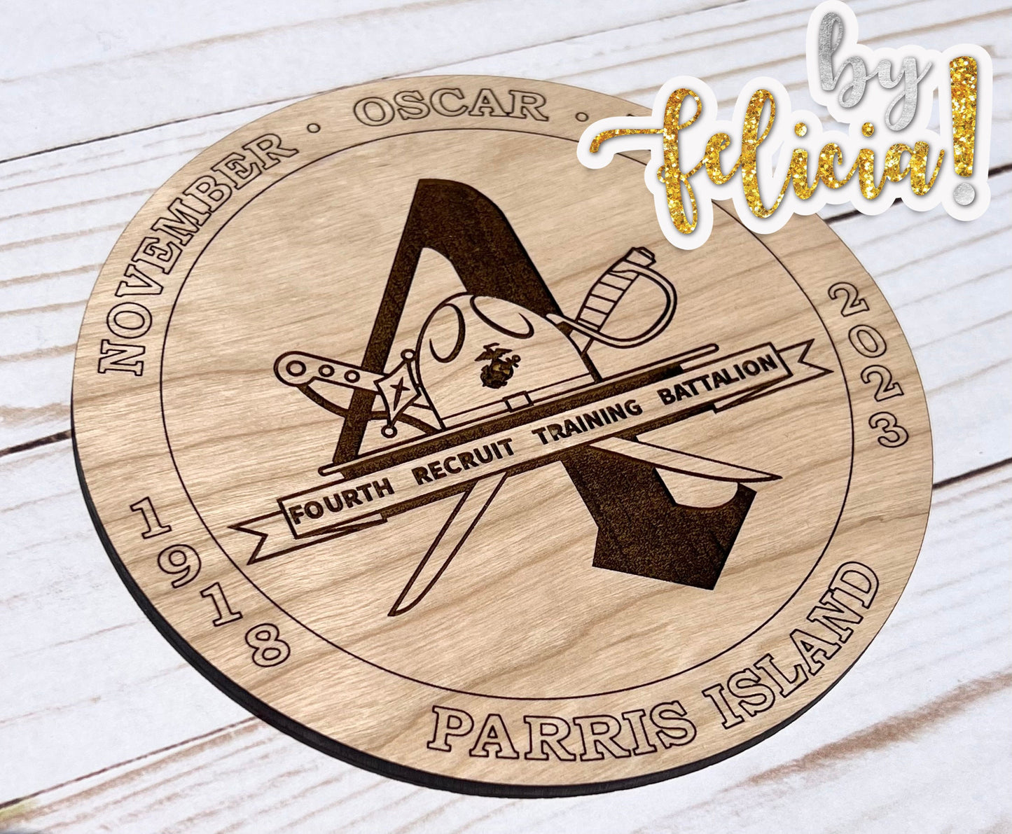 Handmade USMC Retirement Plaque: Laser Engraved Red Oak, 4th Battalion