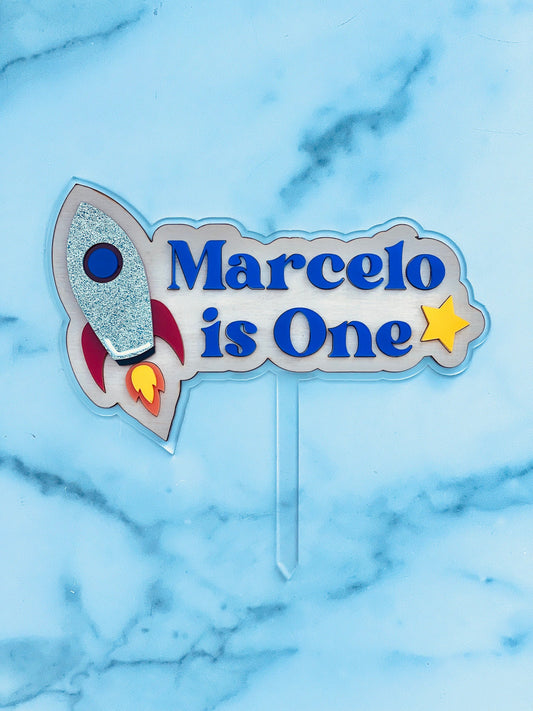 Spaceship cake topper, Rocket cake topper, Wooden cake topper, Personalized cake topper, Layered cake topper acrylic, Birthday cake topper