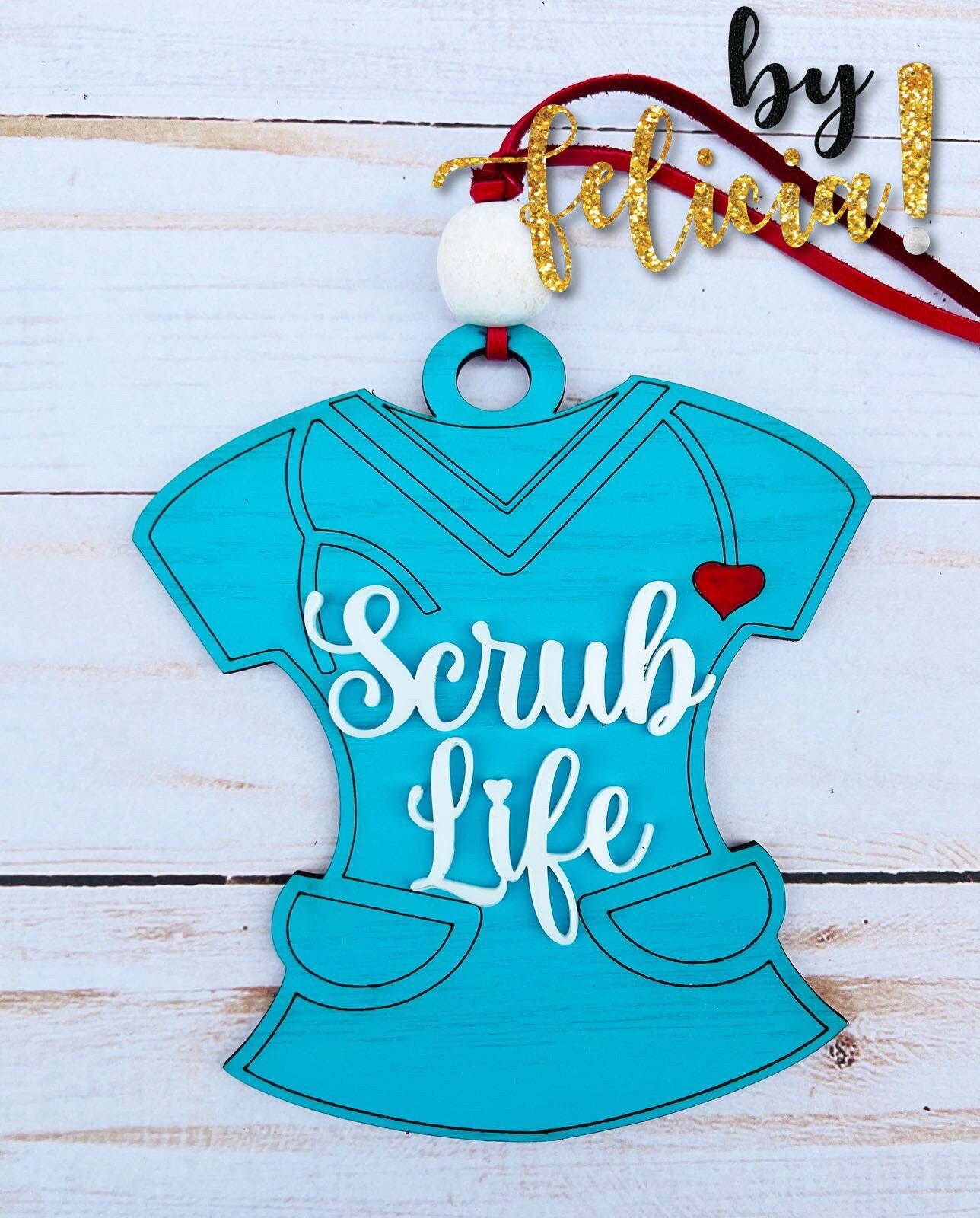 Nurse Car Charm: Red Oak Wood Ornament, Scrub Life Gift